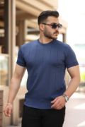 Erkek Ince çizgi Dokulu Bisiklet Yaka Kısa Kollu T-shirt resmi
